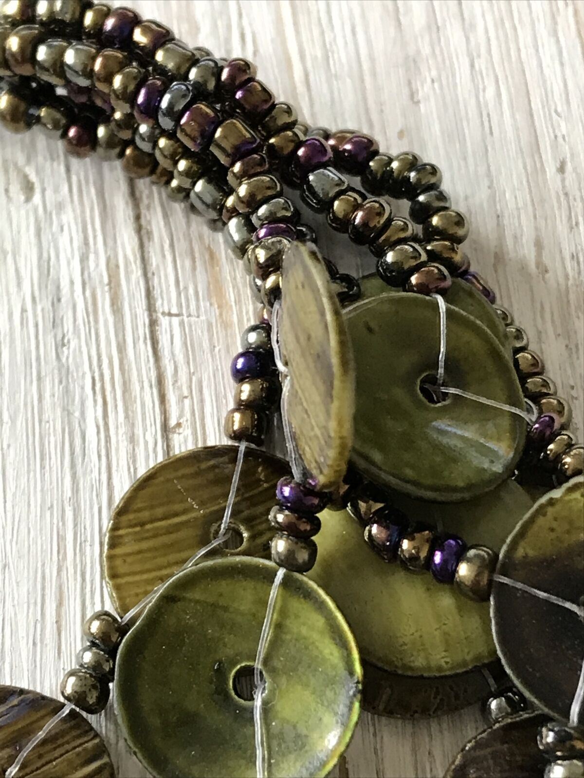 Statement Necklace. Multi Stranded Moss Green Shell Type Button Look Beads Boho