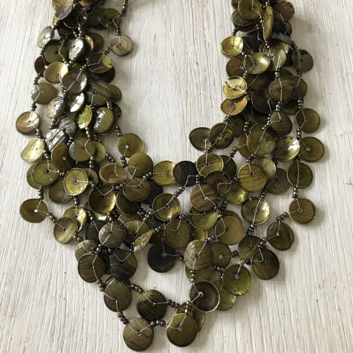 Statement Necklace. Multi Stranded Moss Green Shell Type Button Look Beads Boho