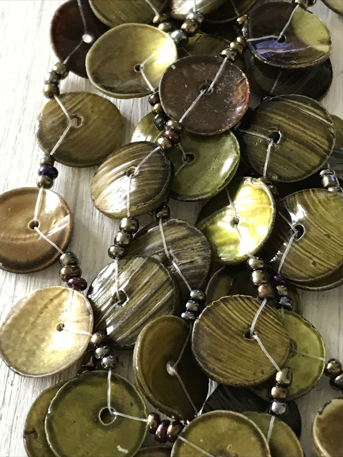 Statement Necklace. Multi Stranded Moss Green Shell Type Button Look Beads Boho