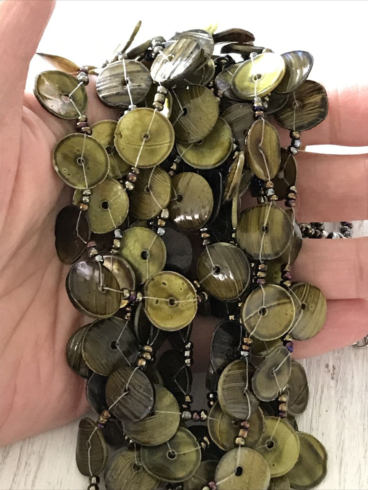 Statement Necklace. Multi Stranded Moss Green Shell Type Button Look Beads Boho