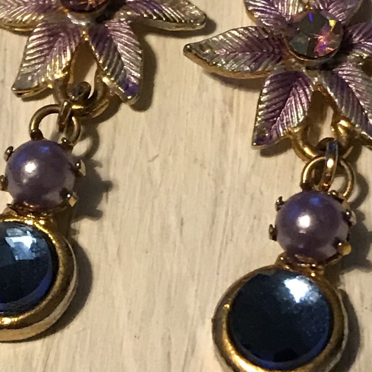 Pretty Drop Earrings Pink Flower With Blue Sparkly Stone. Pierced. Dressy / Party / Evening Wear