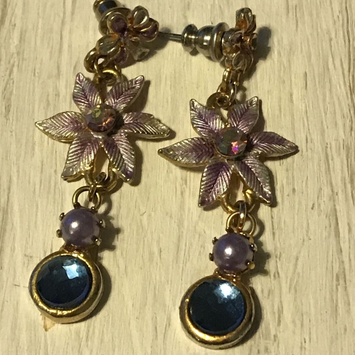 Pretty Drop Earrings Pink Flower With Blue Sparkly Stone. Pierced. Dressy / Party / Evening Wear
