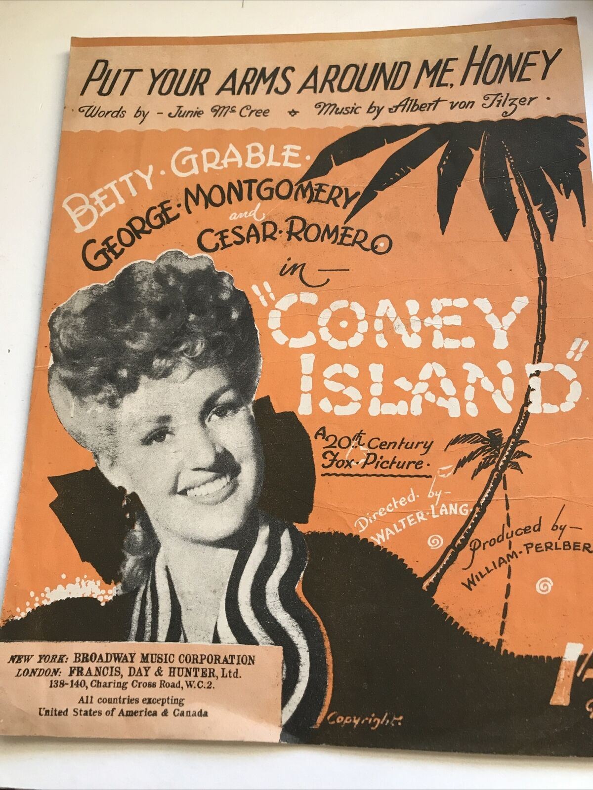 Vintage Sheet Music Betty Grable ‘Coney Island’ Movie. Put Your Arms Around Me Honey. George Montgomery. Cesar Romero