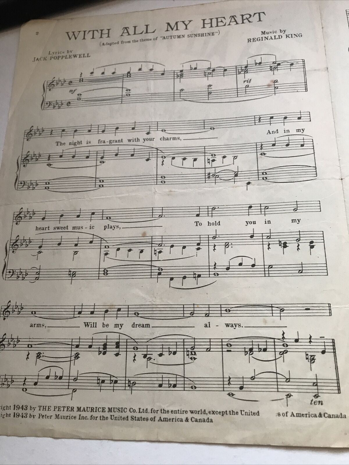 Vintage Sheet Music Vera Lynn ‘With All My Heart’ From Rhythm Serenade 1943