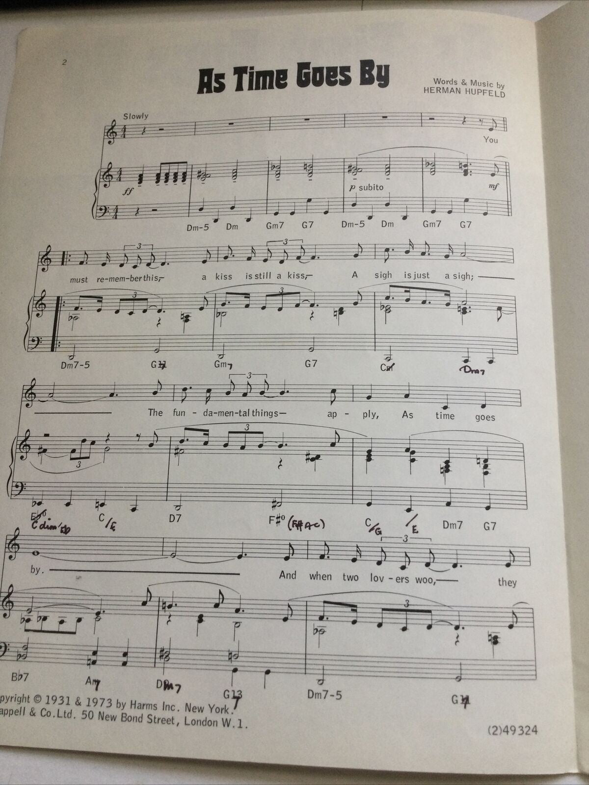 As Time Goes By - Vintage Sheet Music From Casablanca - Annotated -  Hupfeld Bogart