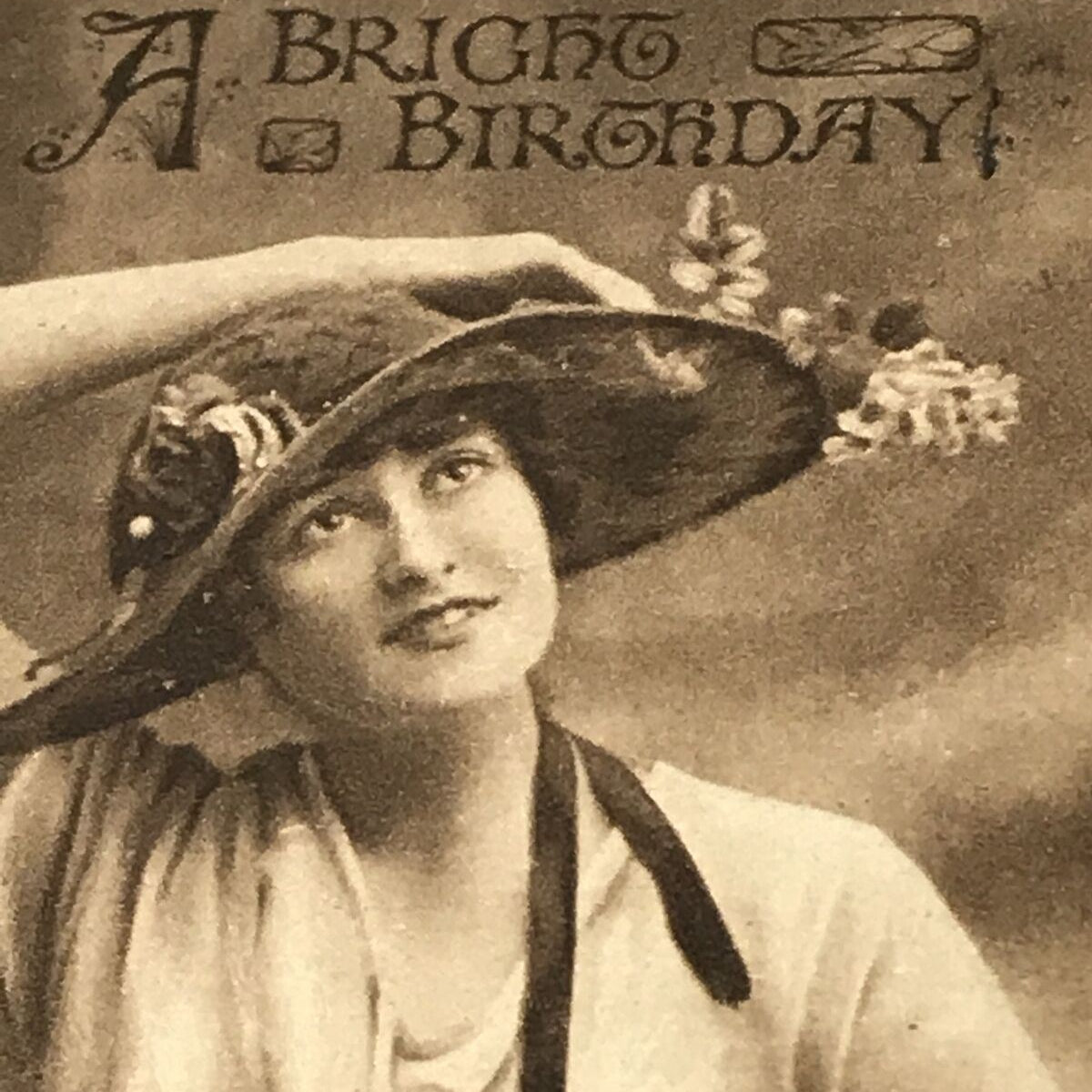 Vintage Birthday Greetings Postcard - Sepia - Woman In Bonnet With Flowers - Nice Poem - 1920s