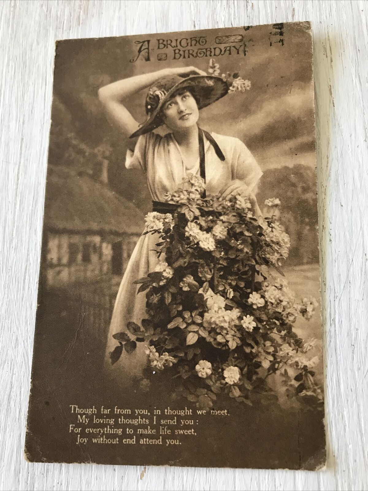 Vintage Birthday Greetings Postcard - Sepia - Woman In Bonnet With Flowers - Nice Poem - 1920s