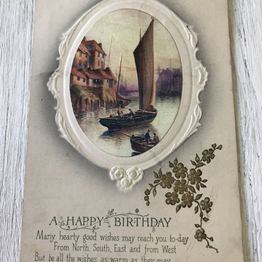 Antique Birthday Greetings Postcard - Boats On River - Nice Poem - 1916 - 'From Teacher'