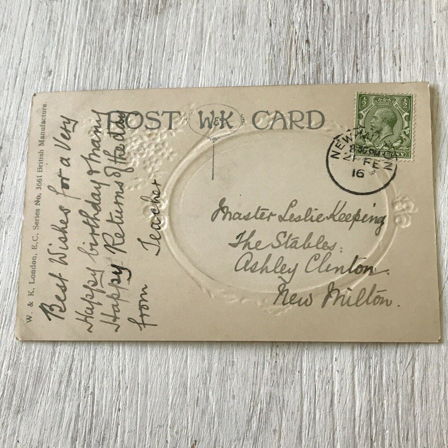Antique Birthday Greetings Postcard - Boats On River - Nice Poem - 1916 - 'From Teacher'