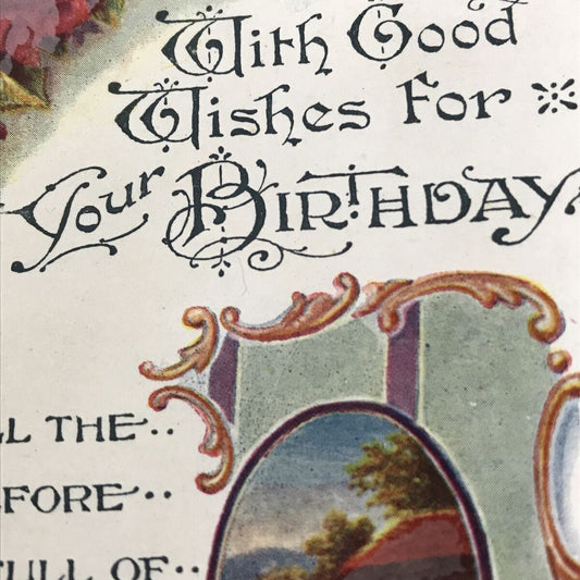 Vintage Antique Birthday Greetings Postcard - Nice Poem - Roses Flowers Country Scene
