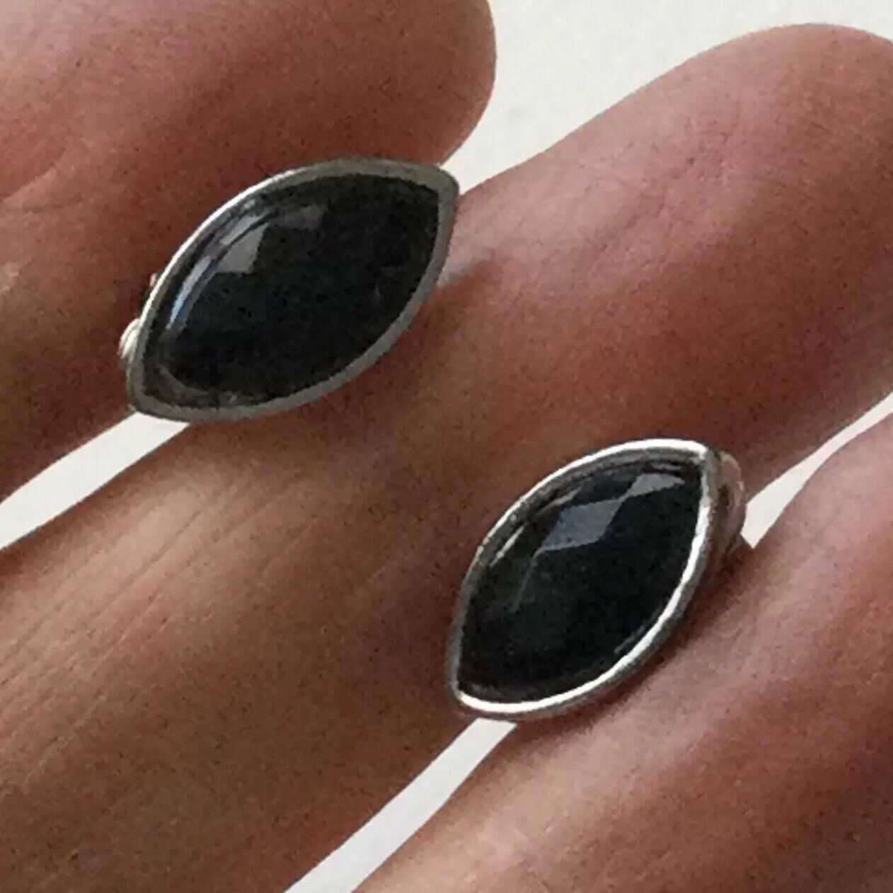 Clip On Earrings - Silver Tone With Black Faceted Plastic Stone -Simple And Elegant