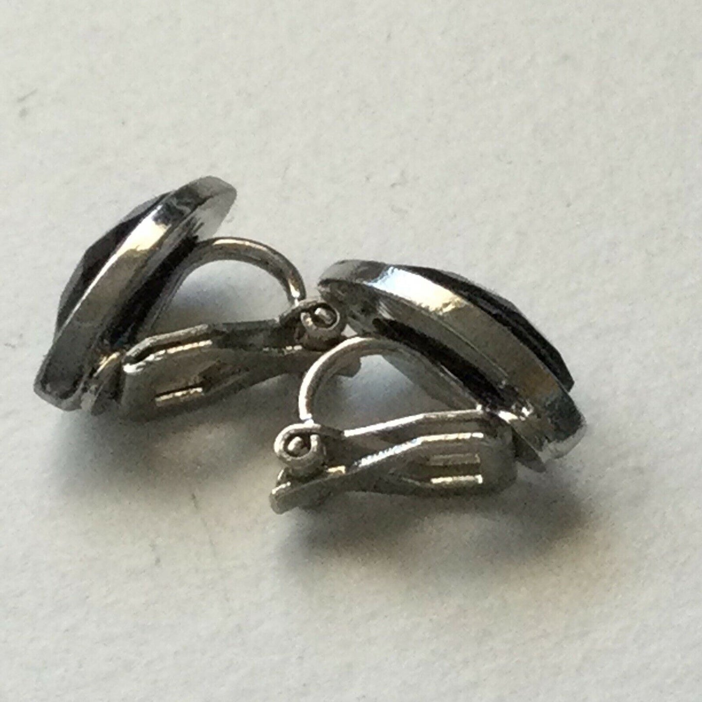 Clip On Earrings - Silver Tone With Black Faceted Plastic Stone -Simple And Elegant