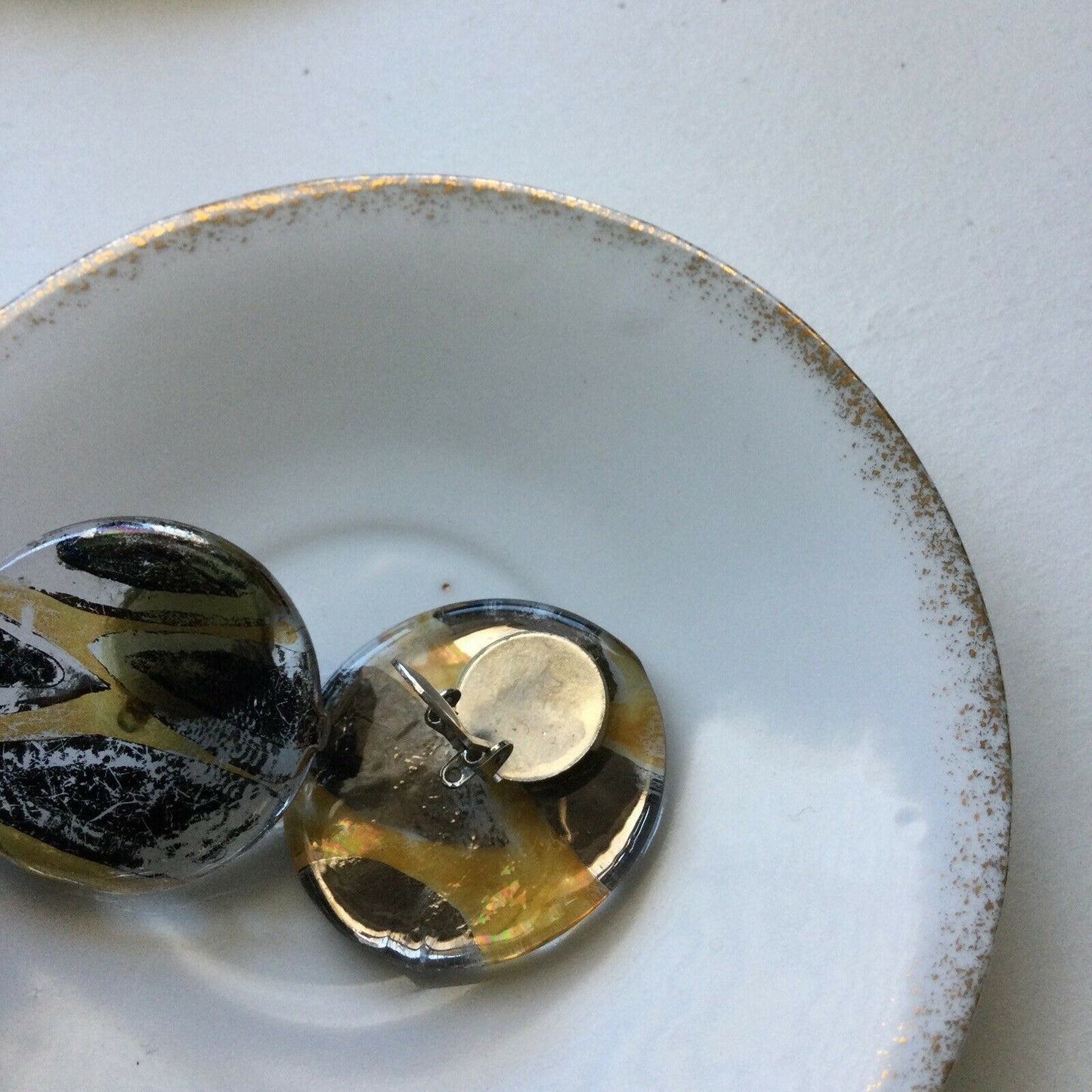 Clip On Earrings Large Statement Painted Glass Unusual Iridescent Vintage Bold