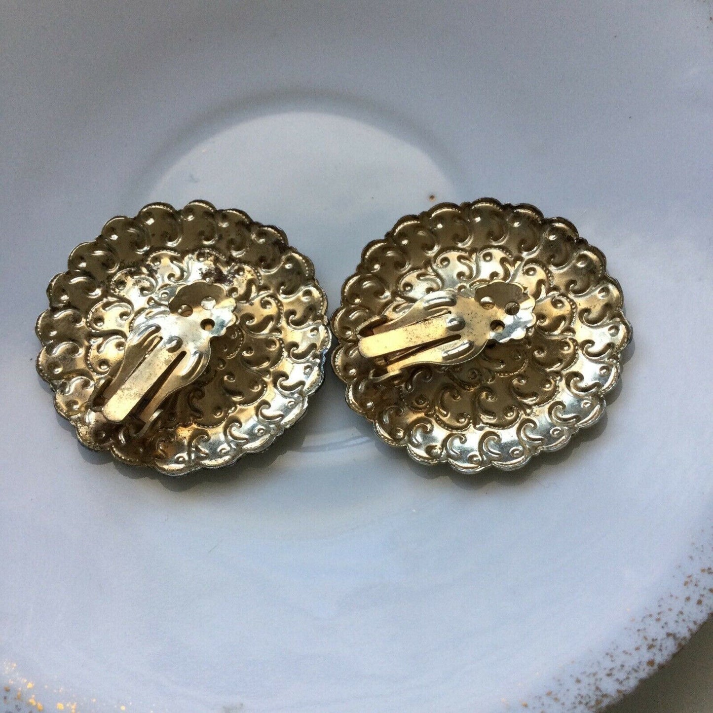 Clip On Earrings - Large Statement Round - Gold Colour - Pressed Metal - Boho / Festival