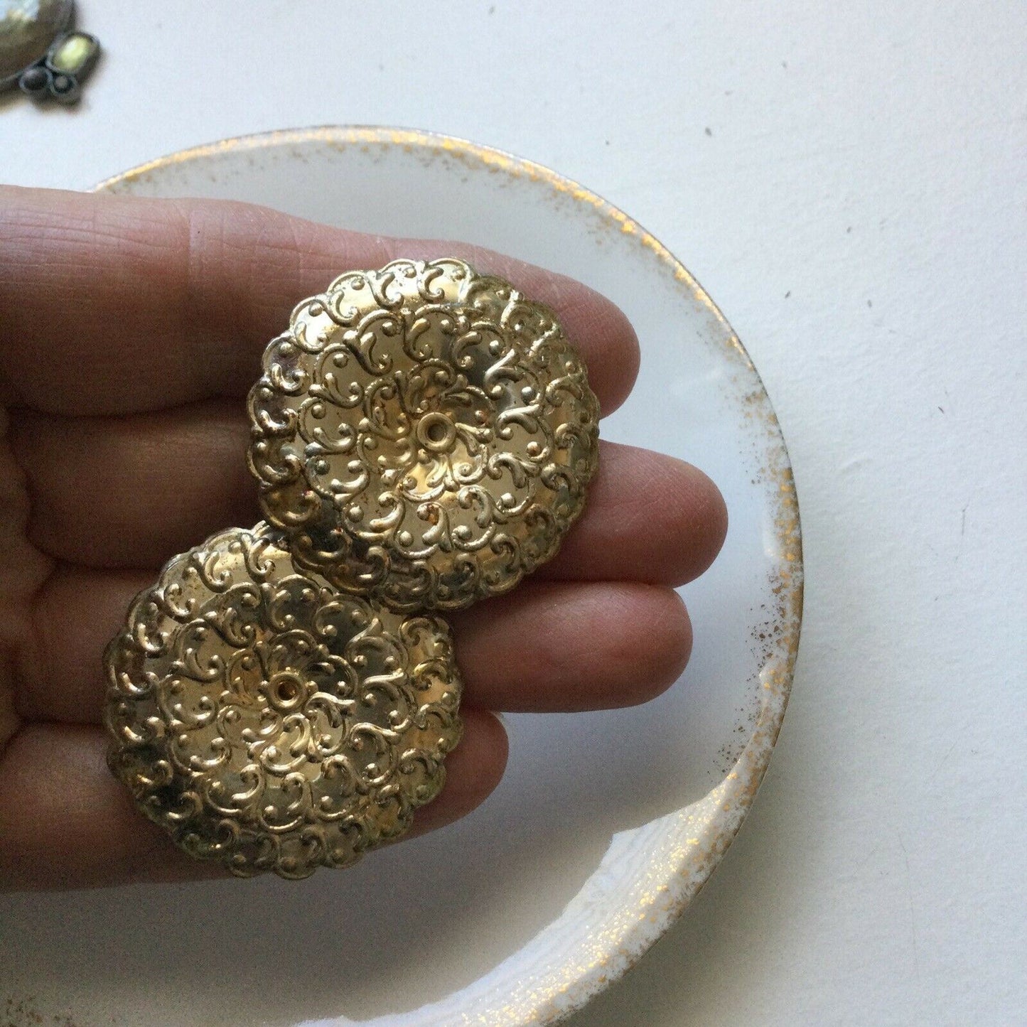 Clip On Earrings - Large Statement Round - Gold Colour - Pressed Metal - Boho / Festival