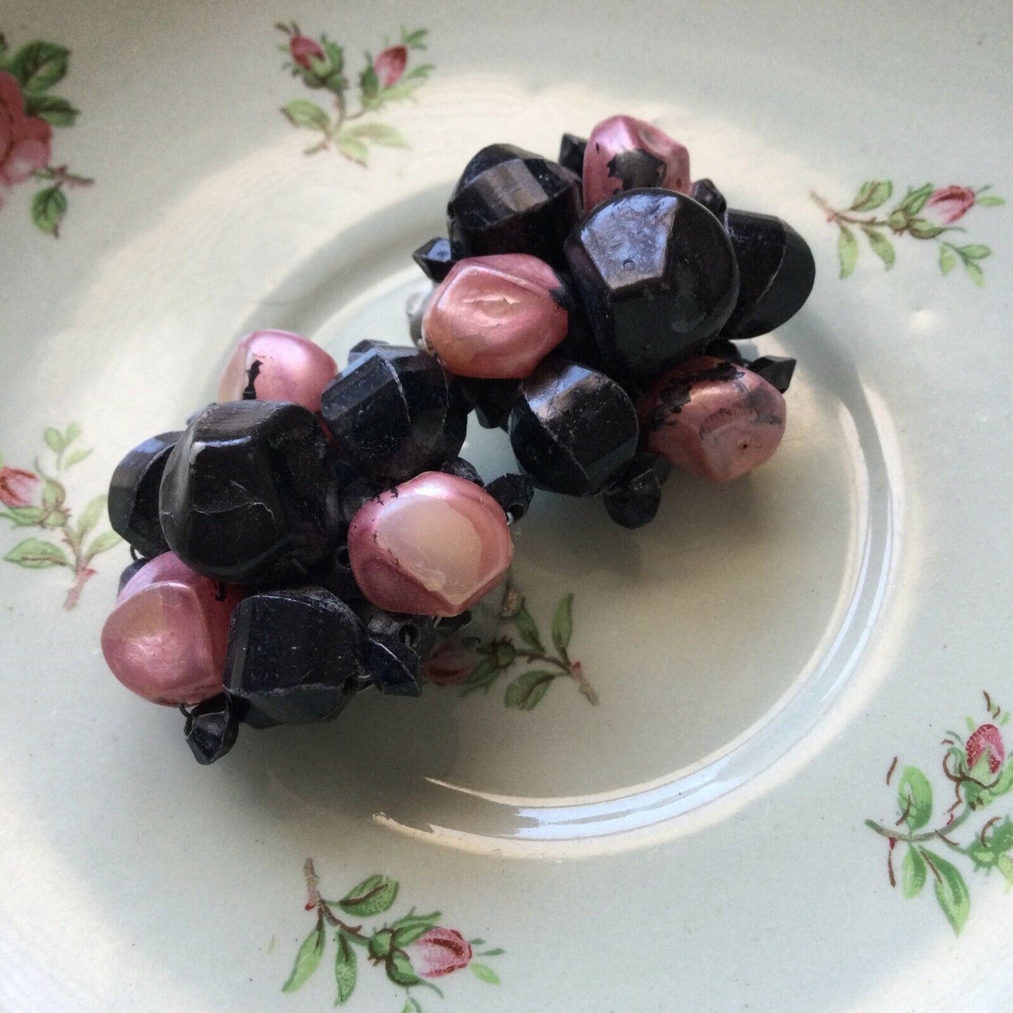 Clip-On Costume Earrings - Beaded Button Cluster - Black And Pink - Large - Statement Jewellery