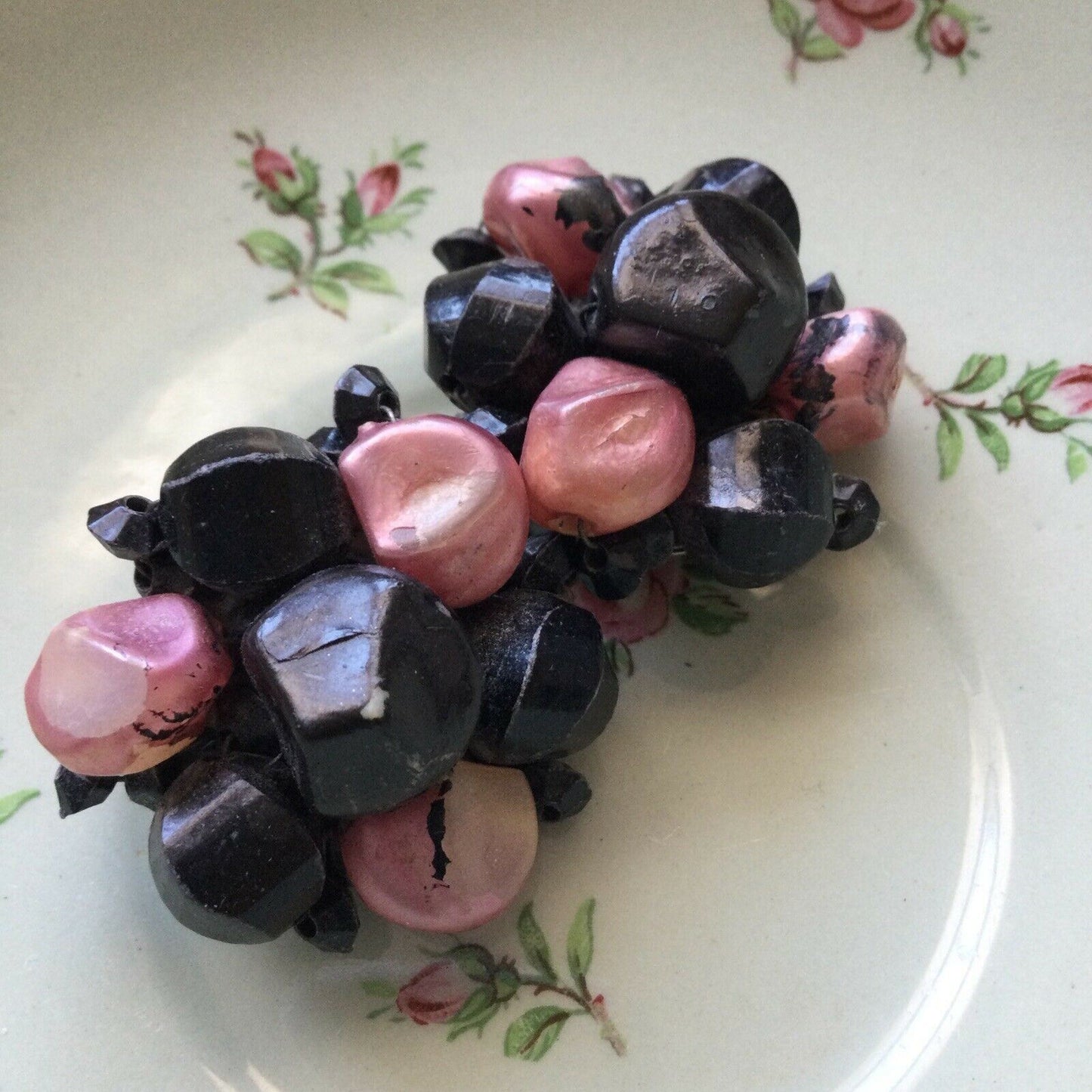 Clip-On Costume Earrings - Beaded Button Cluster - Black And Pink - Large - Statement Jewellery