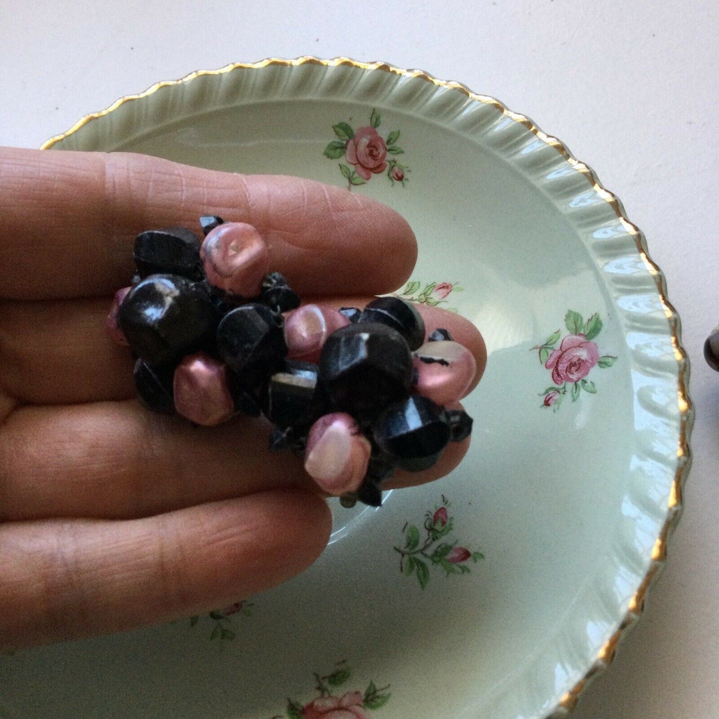 Clip-On Costume Earrings - Beaded Button Cluster - Black And Pink - Large - Statement Jewellery