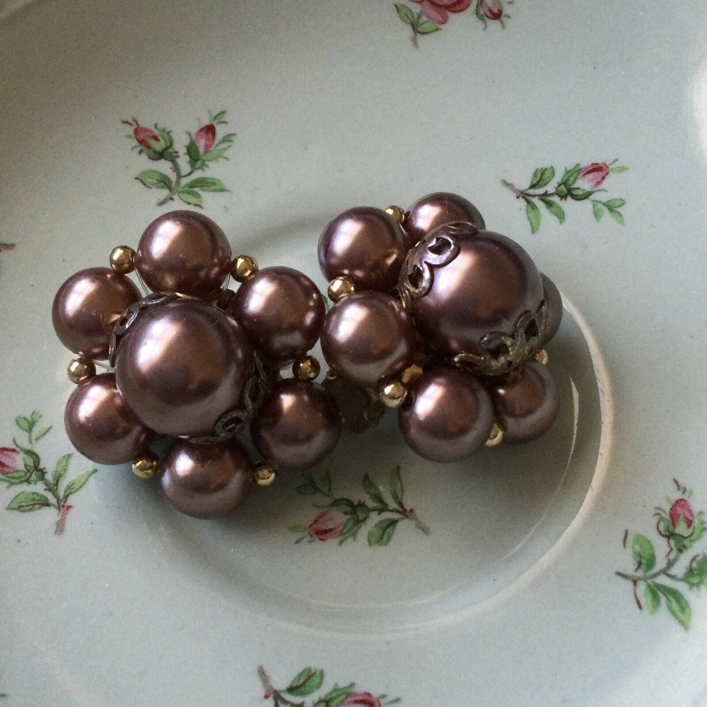 Vintage Costume Earrings - Clip On - Chunky Beaded Cluster - Dusky Pink Faux Pearls - 1950s / 1960s