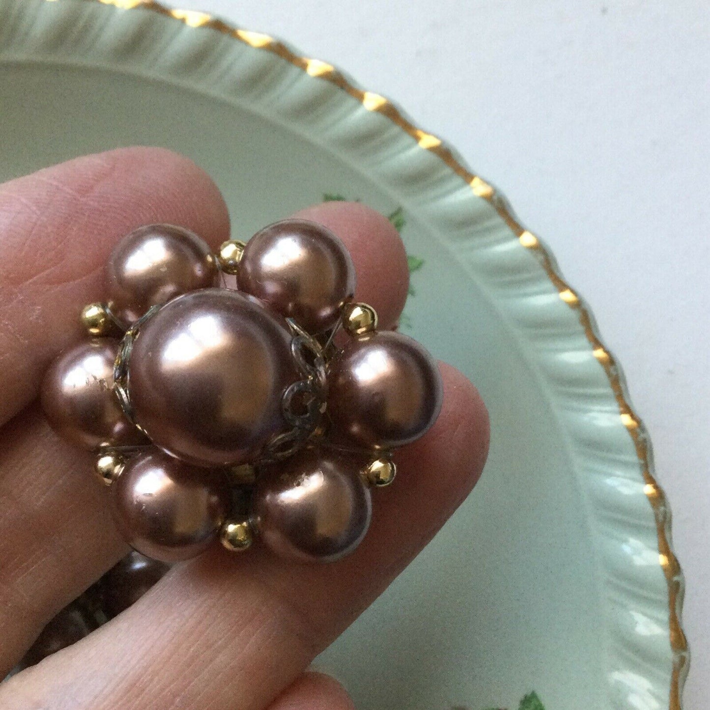 Vintage Costume Earrings - Clip On - Chunky Beaded Cluster - Dusky Pink Faux Pearls - 1950s / 1960s