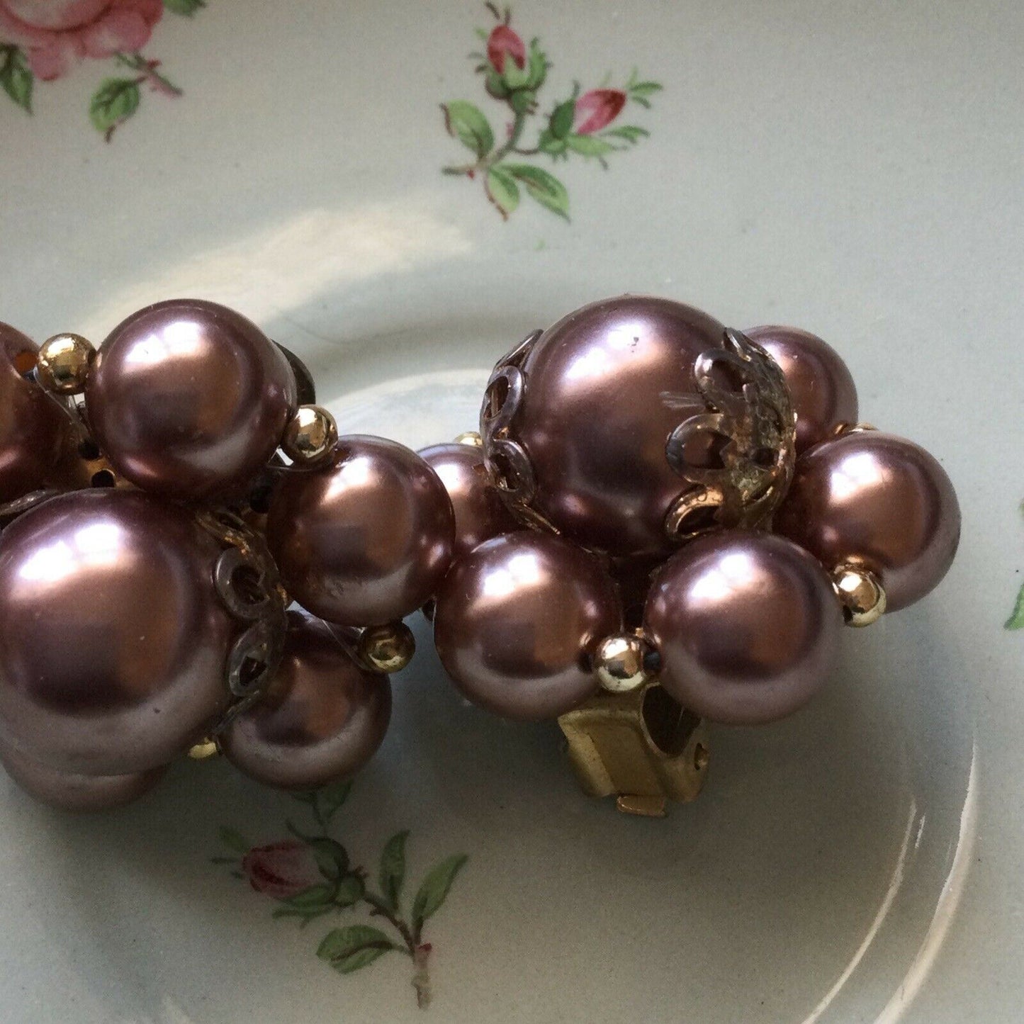 Vintage Costume Earrings - Clip On - Chunky Beaded Cluster - Dusky Pink Faux Pearls - 1950s / 1960s