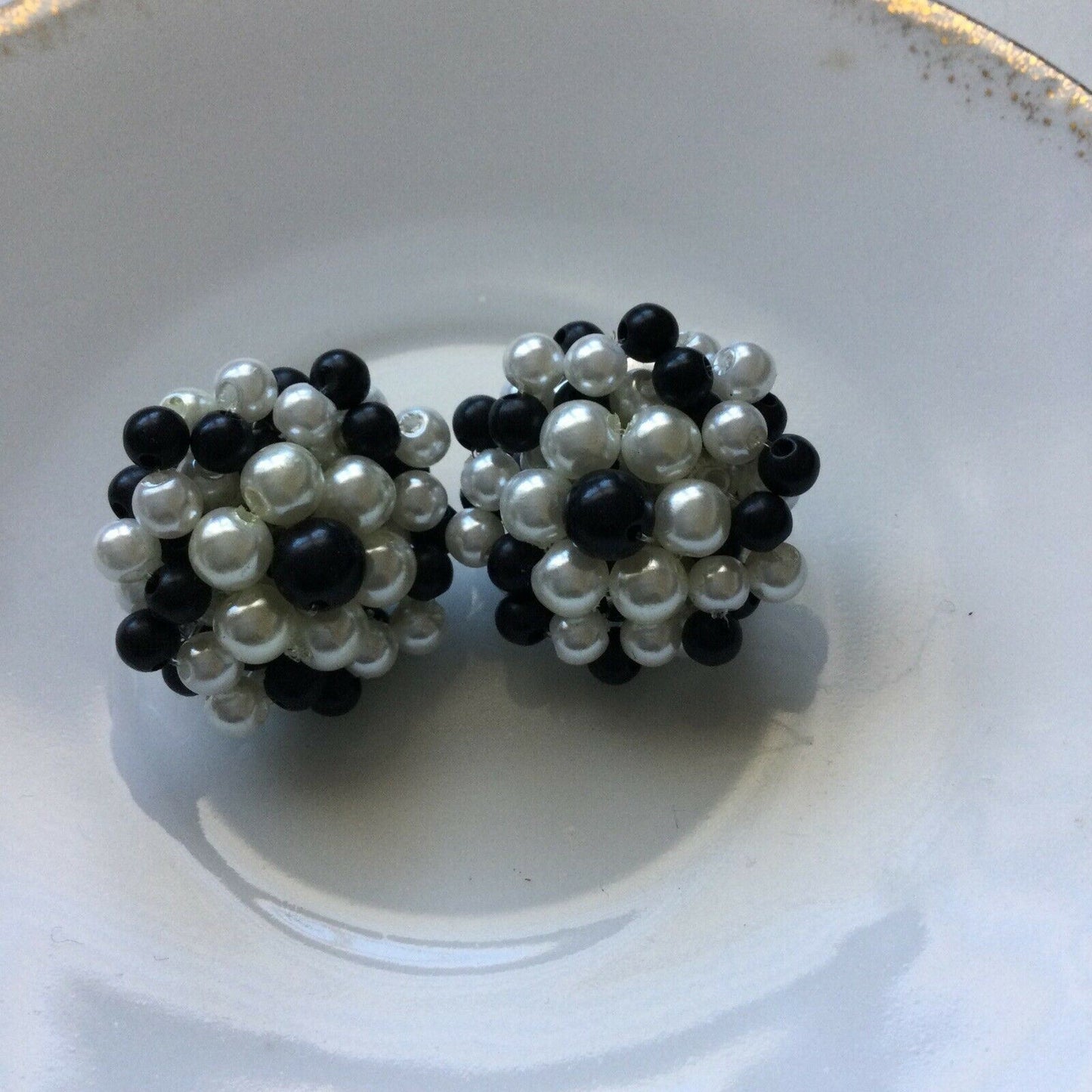 Costume Earrings Clip On Beaded Cluster Black & White Faux Pearls. 1960s style / Retro