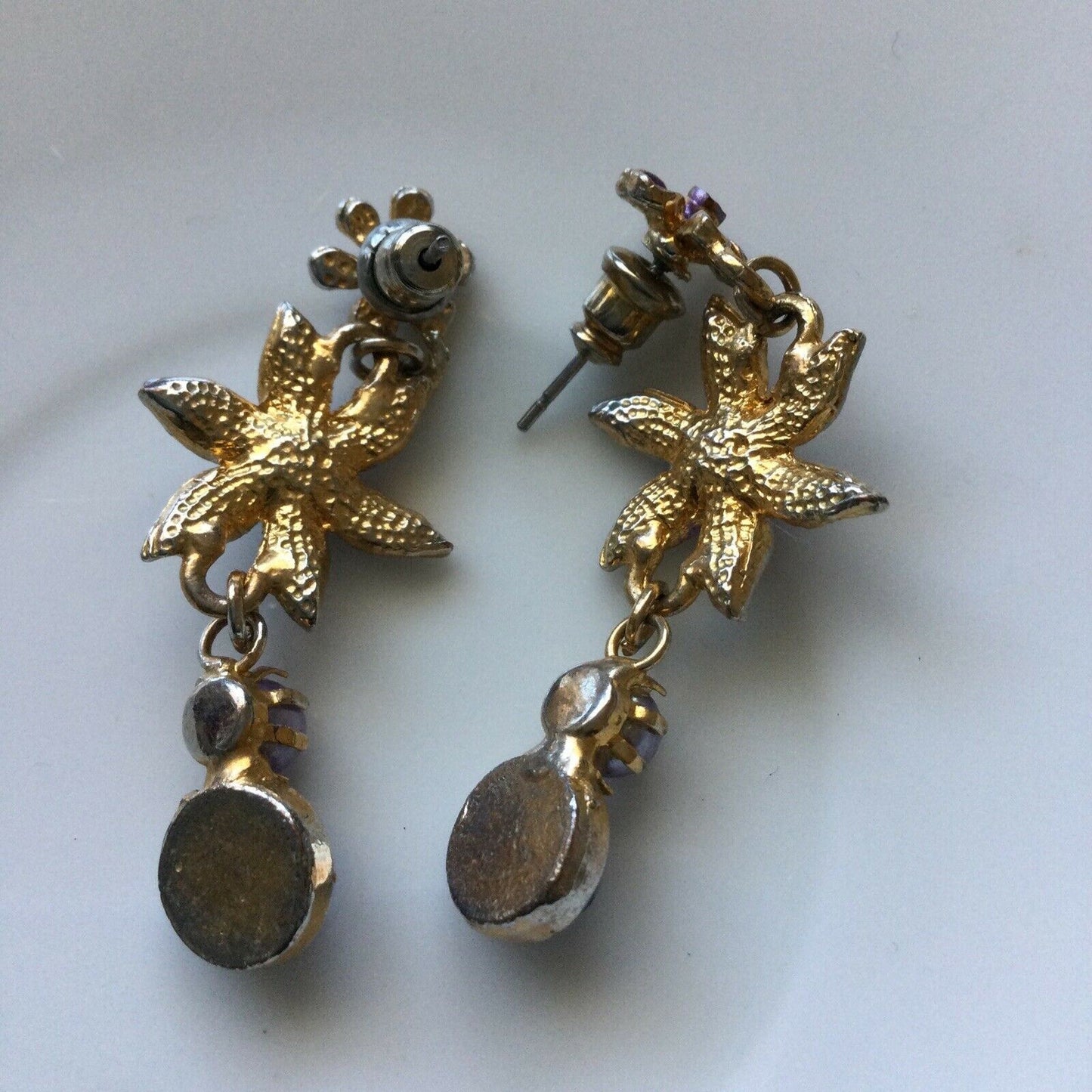 Pretty Gold Tone Drop Earrings - With Pale Blues And Pinks - Flower shape with glass stone - For Pierced Ears