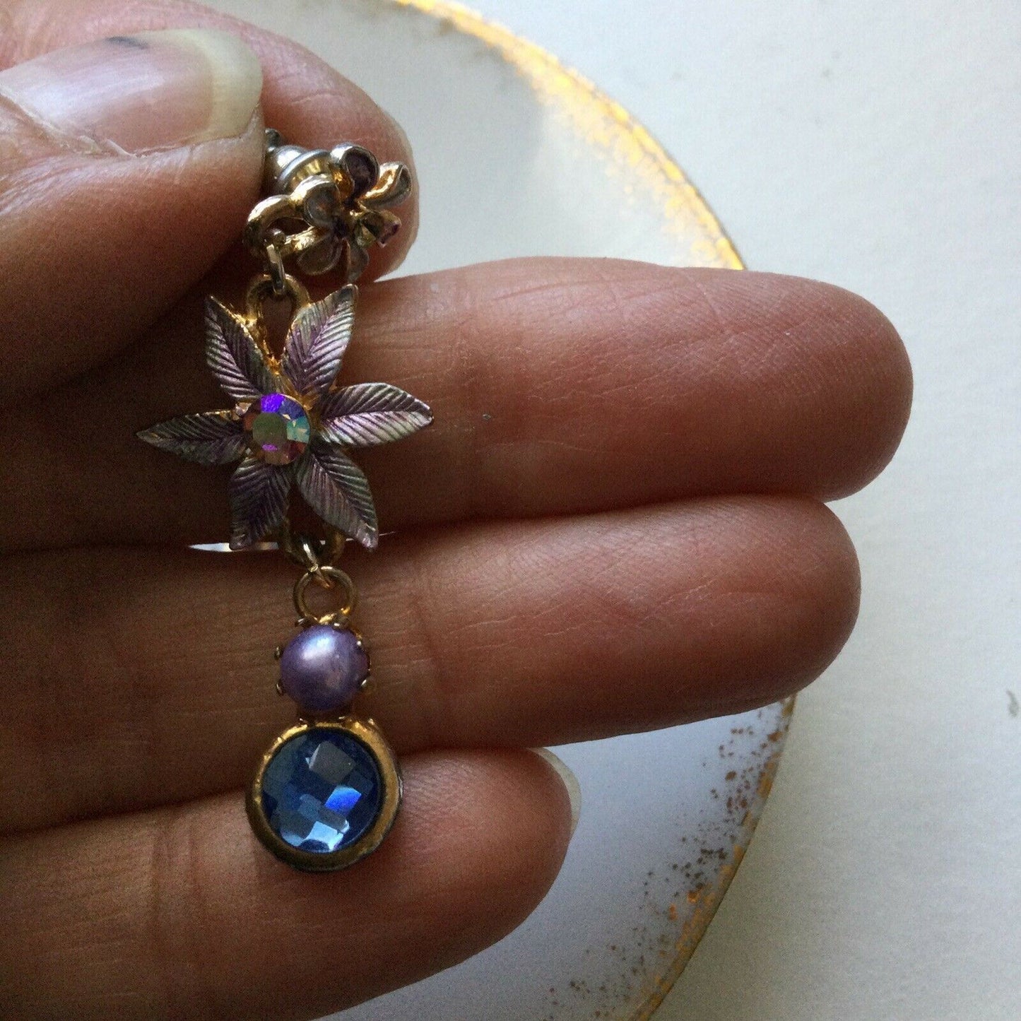 Pretty Gold Tone Drop Earrings - With Pale Blues And Pinks - Flower shape with glass stone - For Pierced Ears