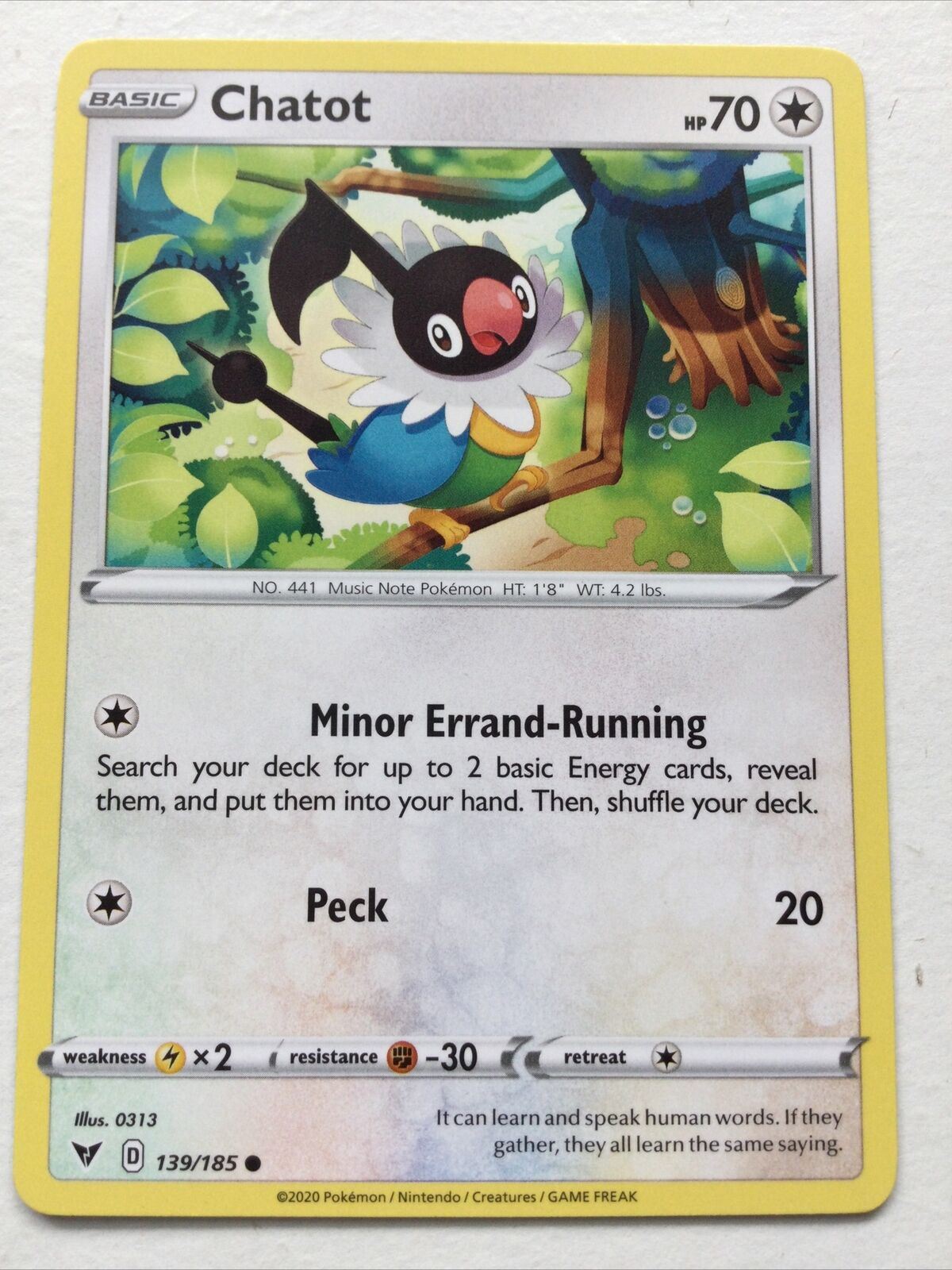 Pokemon Card Vivid Voltage 2020 Pack Fresh Basic CHATOT 139/185 Music Note Peck