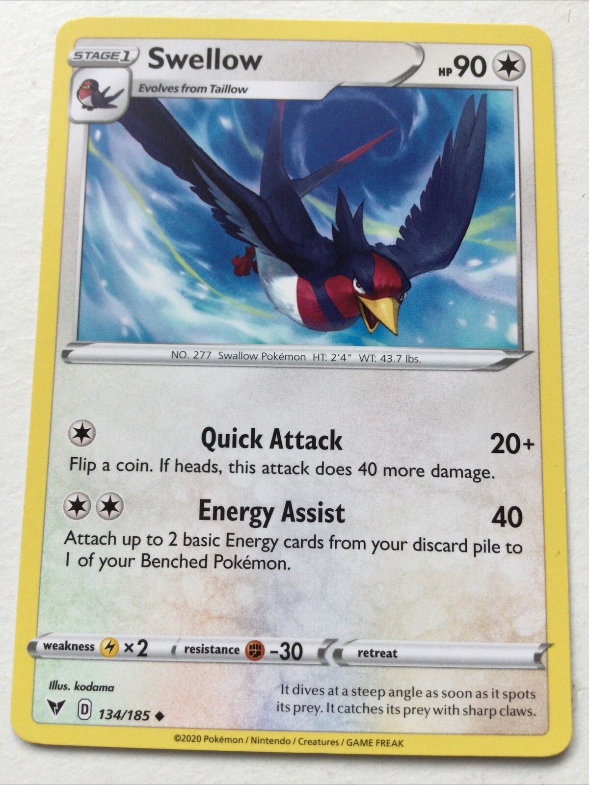 Pokemon Card Vivid Voltage 2020 Pack Fresh Stage 1 SWELLOW 134/185 Swallow