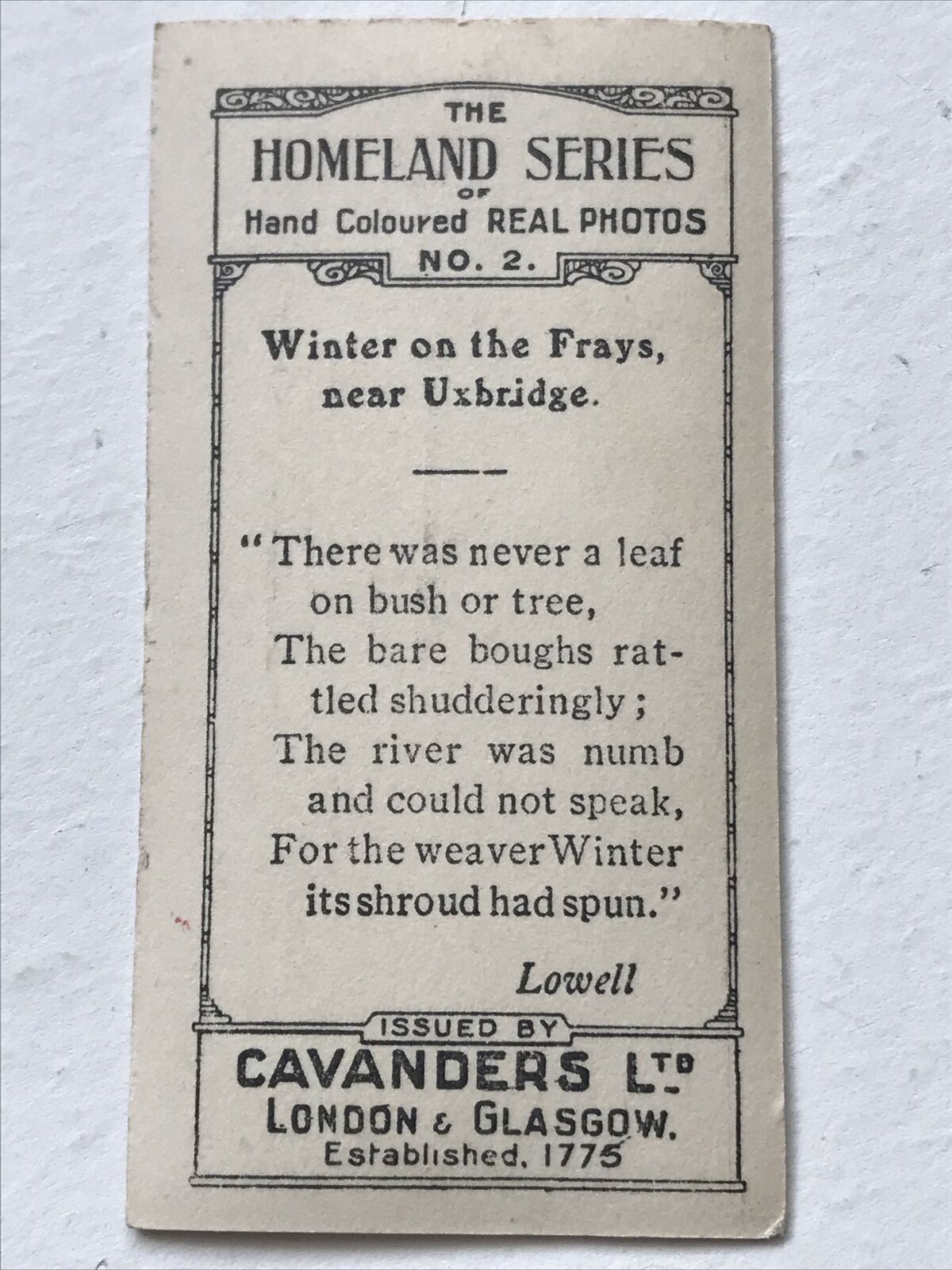 WINTER ON THE FRAYS UXBRIDGE Photo Cigarette Card Cavanders Homeland Series