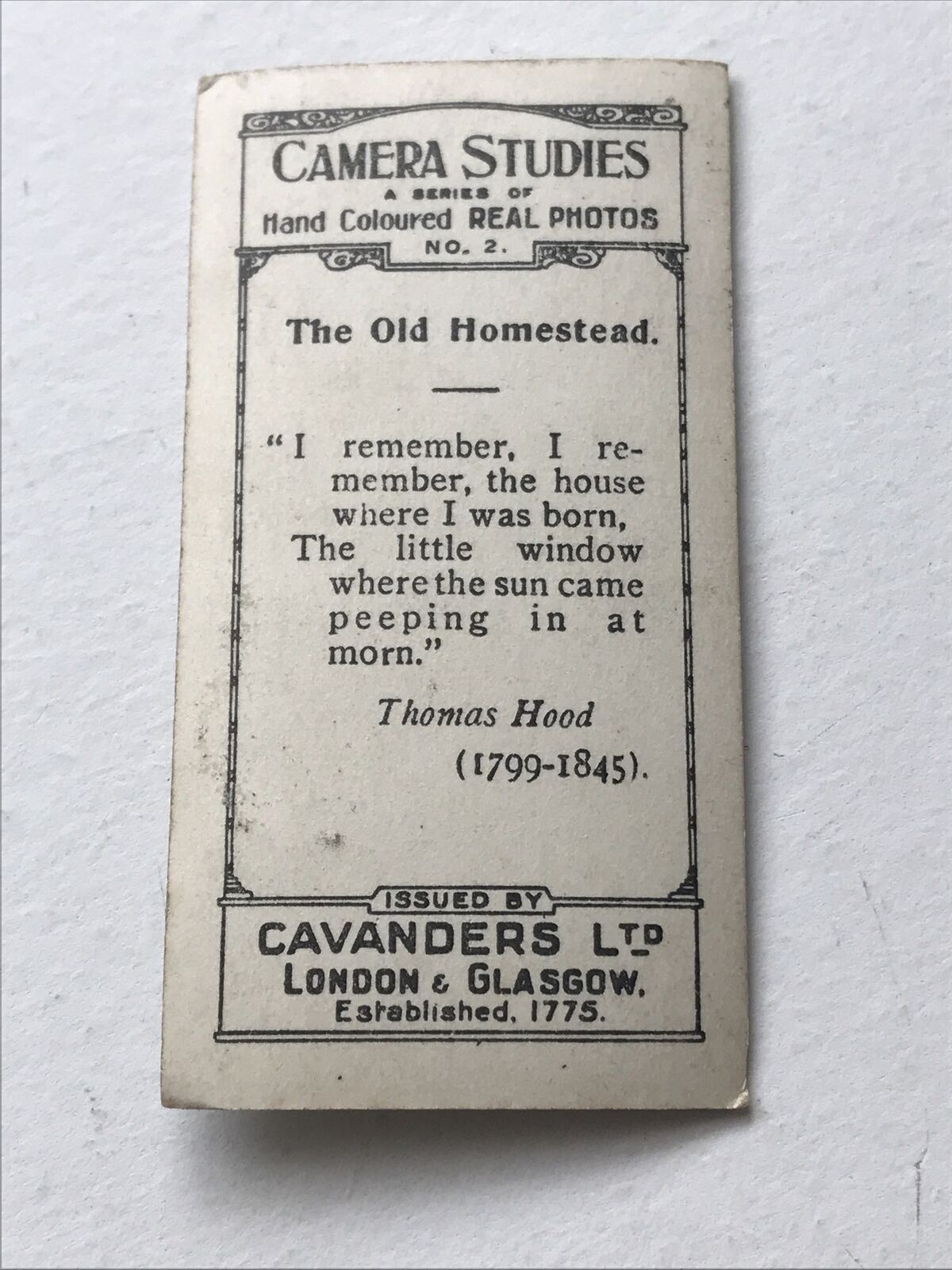 Cavanders Cigarette Card - Camera Studies - No. 2 OLD HOMESTEAD - Hand Coloured Photo