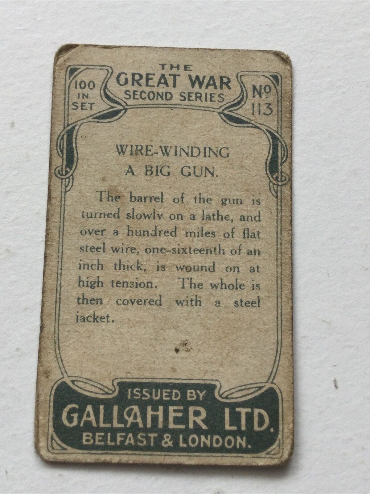 WIRE WINDING A BIG GUN, The Great War Gallaher Cigarette Card #113 WWI
