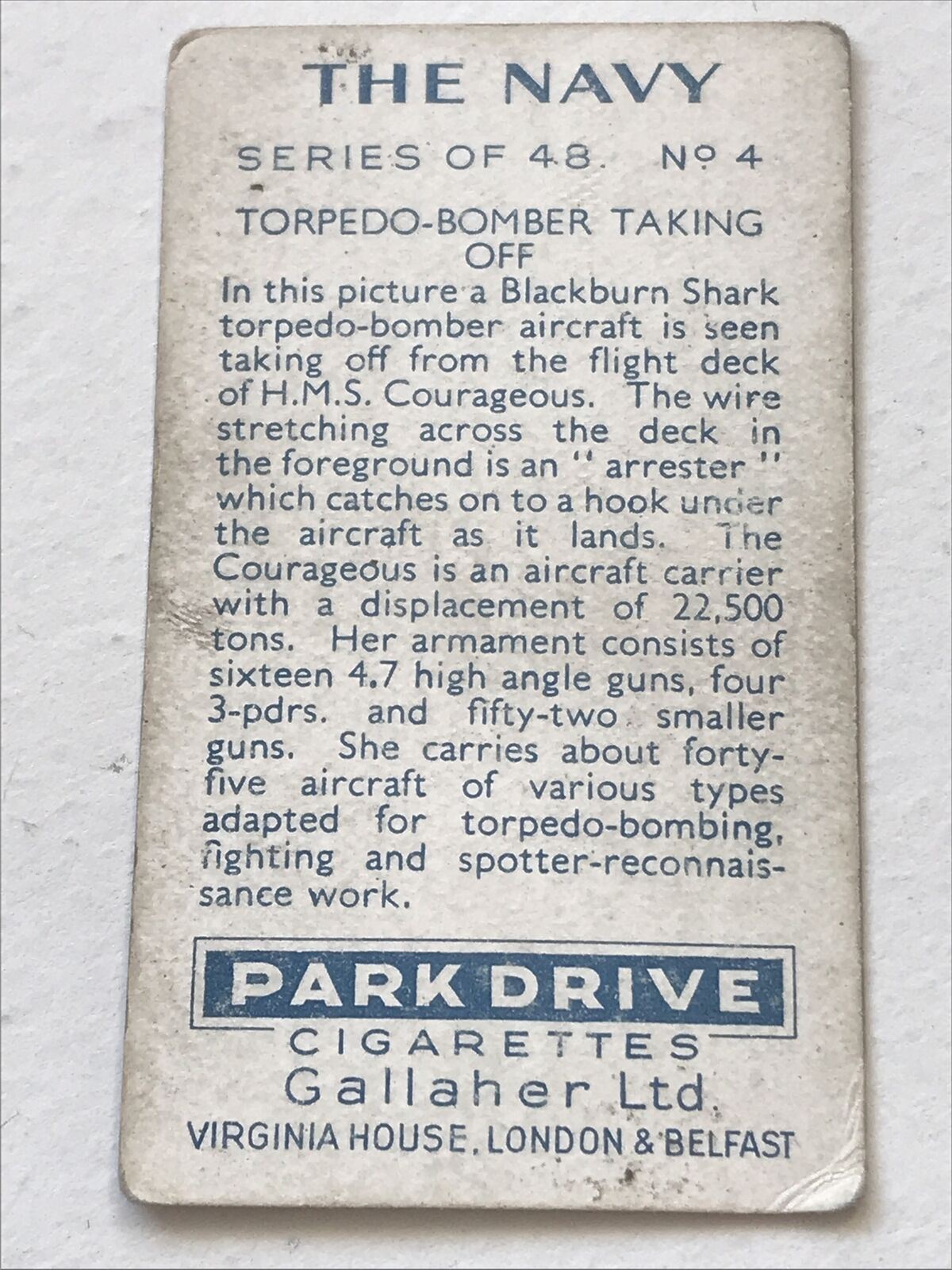 TORPEDO BOMBER TAKING OFF Park Drive Gallaher Cigarette Card. The Navy #4 Blackburn Shark 1937