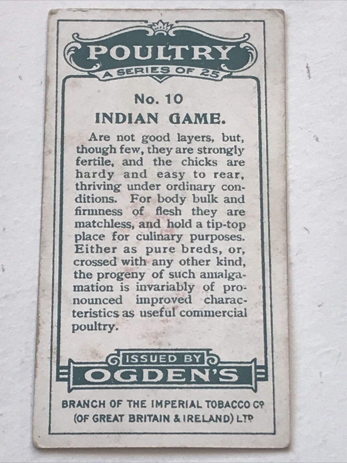 INDIAN GAME Ogden’s Cigarette Card, Poultry #10 Hen Cock Fowl Vintage Print