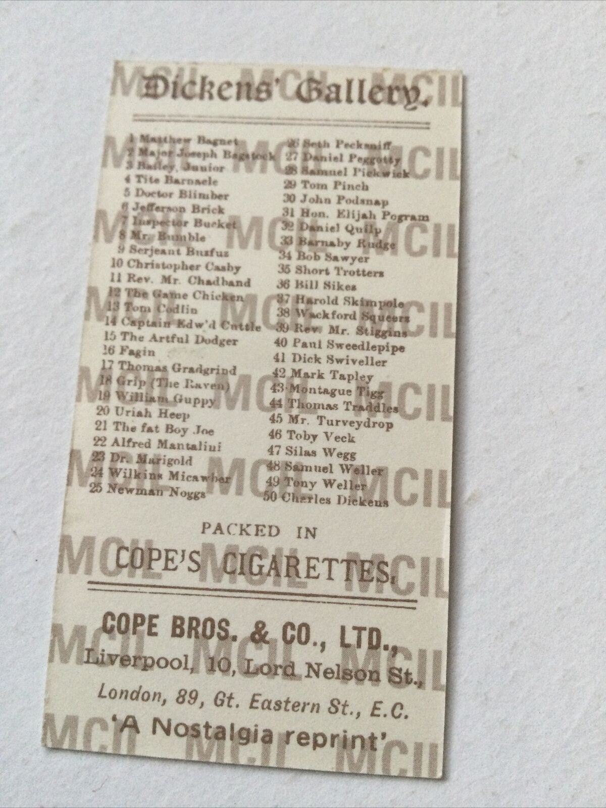 MAJOR JOSEPH BAGSTOCK Dickens Gallery Cope Bros Cigarette Card #43 Reprint