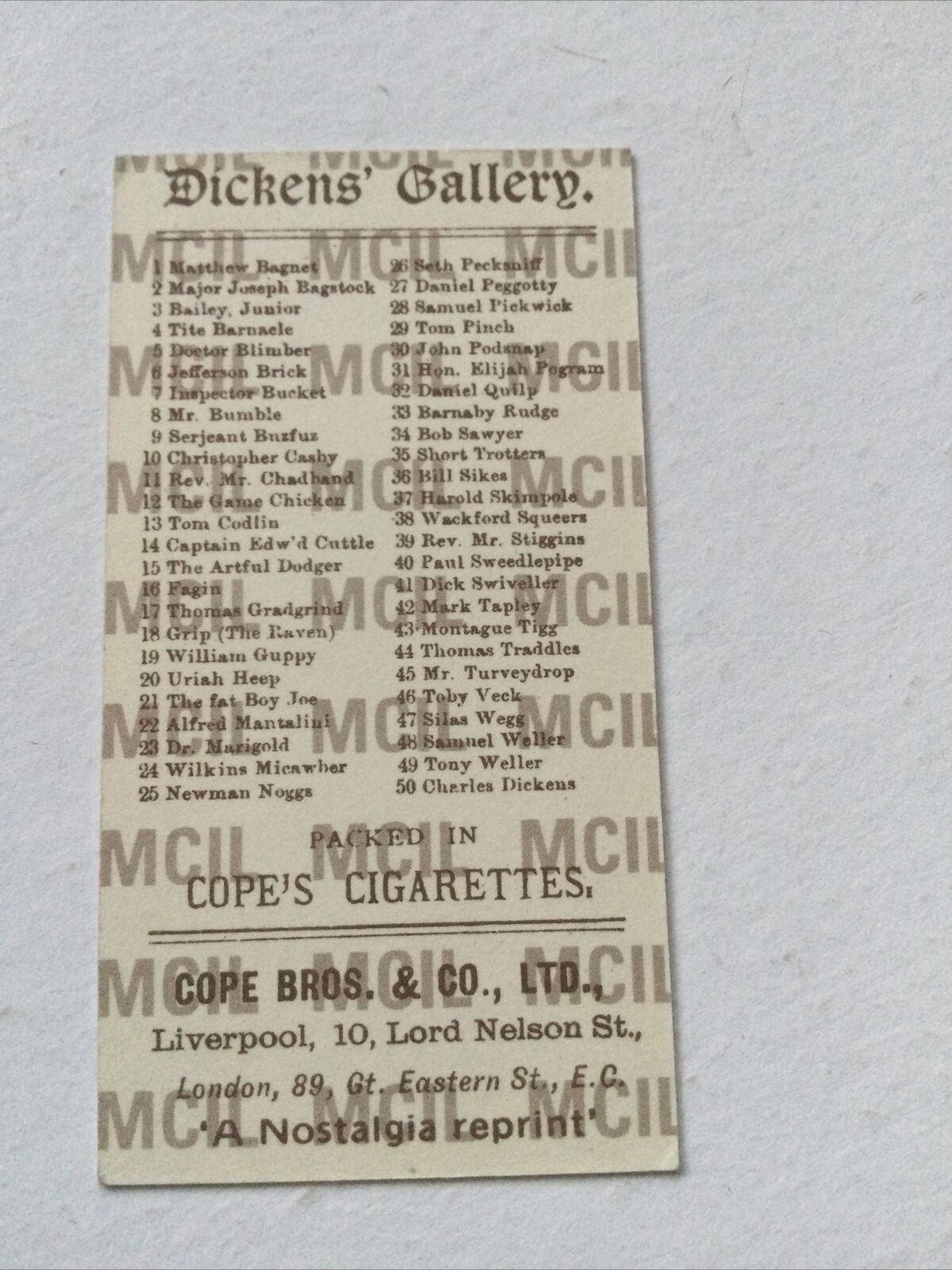 PAUL SWEEDLEPIPE Dickens Gallery Cope Bros Cigarette Card #40 Reprint