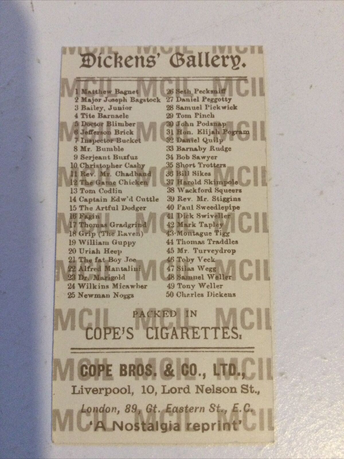BILL SIKES Dickens Gallery Cope Bros Cigarette Card #36 Reprint OLIVER TWIST