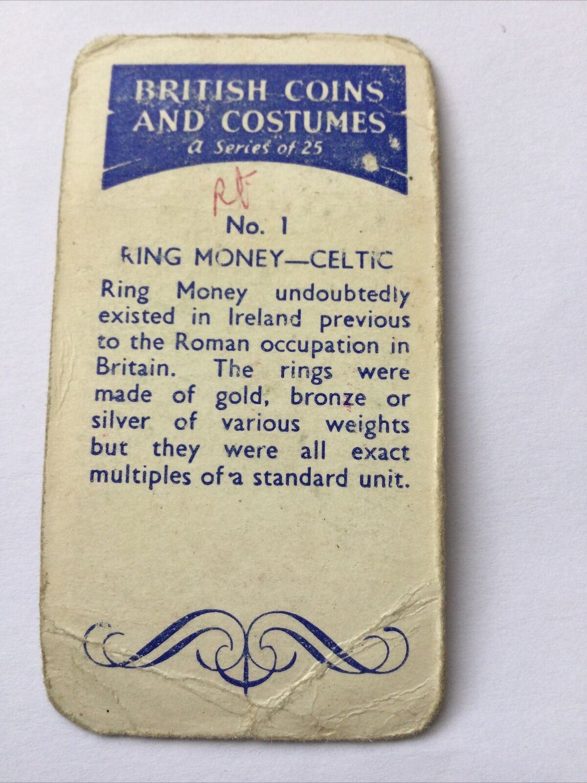 Amalgamated Tobacco Cigarette Card - 1958 - British Coins & Costumes - No. 1 - RING MONEY - CELTIC