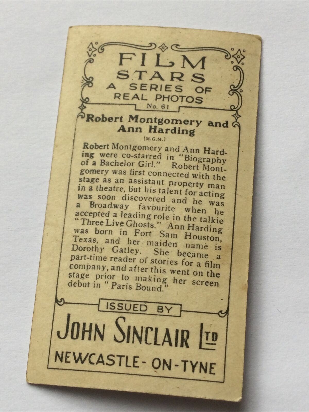 ROBERT MONTGOMERY ANN HARDING Photo 1930s 1934- John Sinclair Cigarette Card Film Stars #61