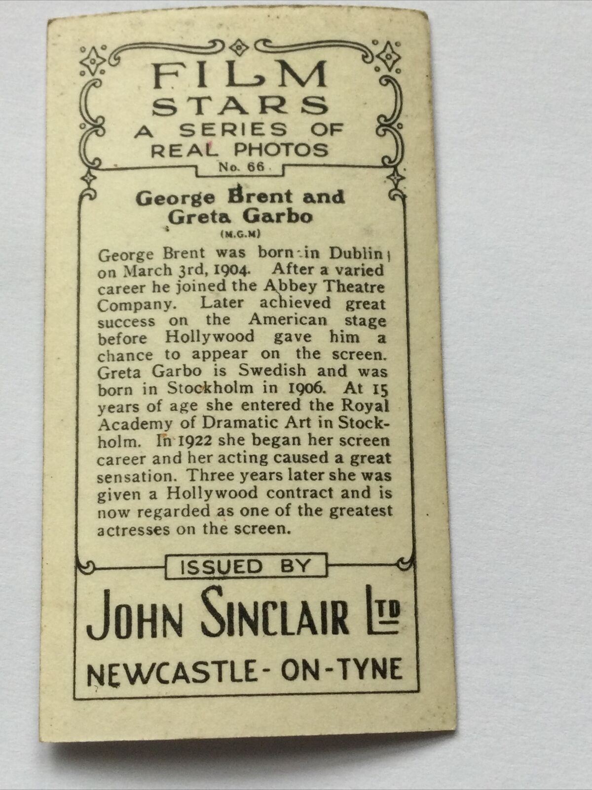 GRETA GARBO and GEORGE BRENT Photo - John Sinclair Cigarette Card - Film Stars #66 - 1930s