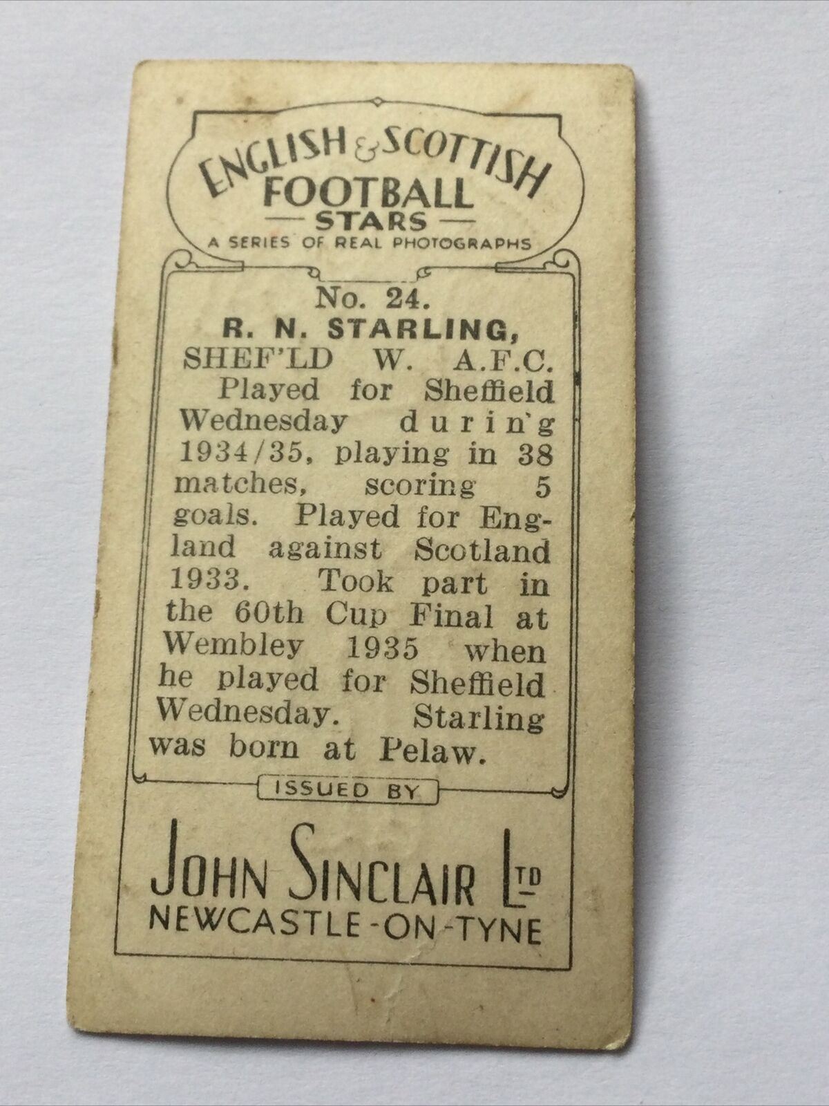 R N STARLING Photo- John Sinclair Cigarette Card English & Scottish Football #24