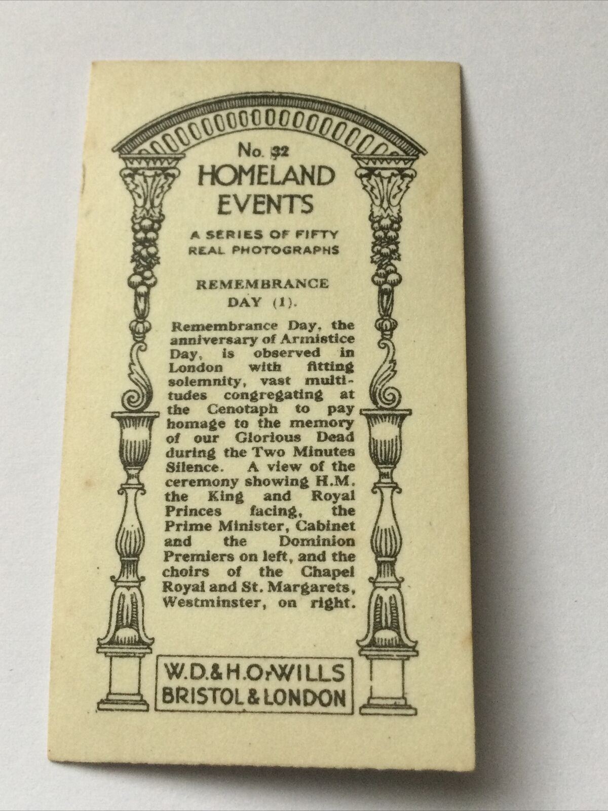 Wills Cigarette Card - Homeland Events - No. 32 - Remembrance Day