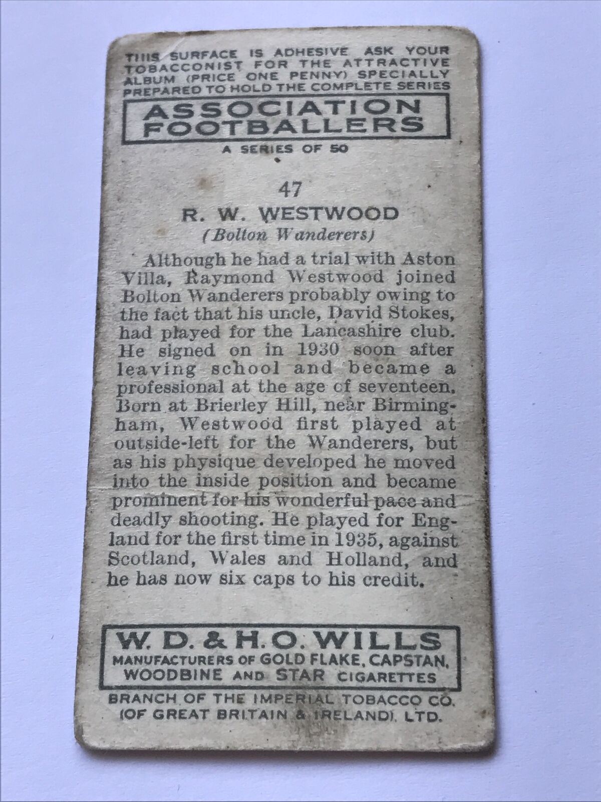 R W Westwood WILLS CIGARETTE CARD Association Footballers #47 Bolton Wanderers