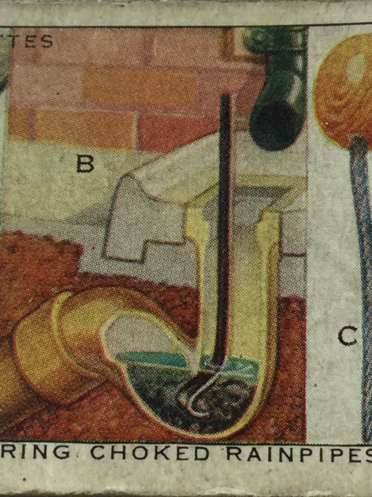 Clearing Choked Rainpipes - WILLS CIGARETTE CARD - Household Hints- Showing Tools