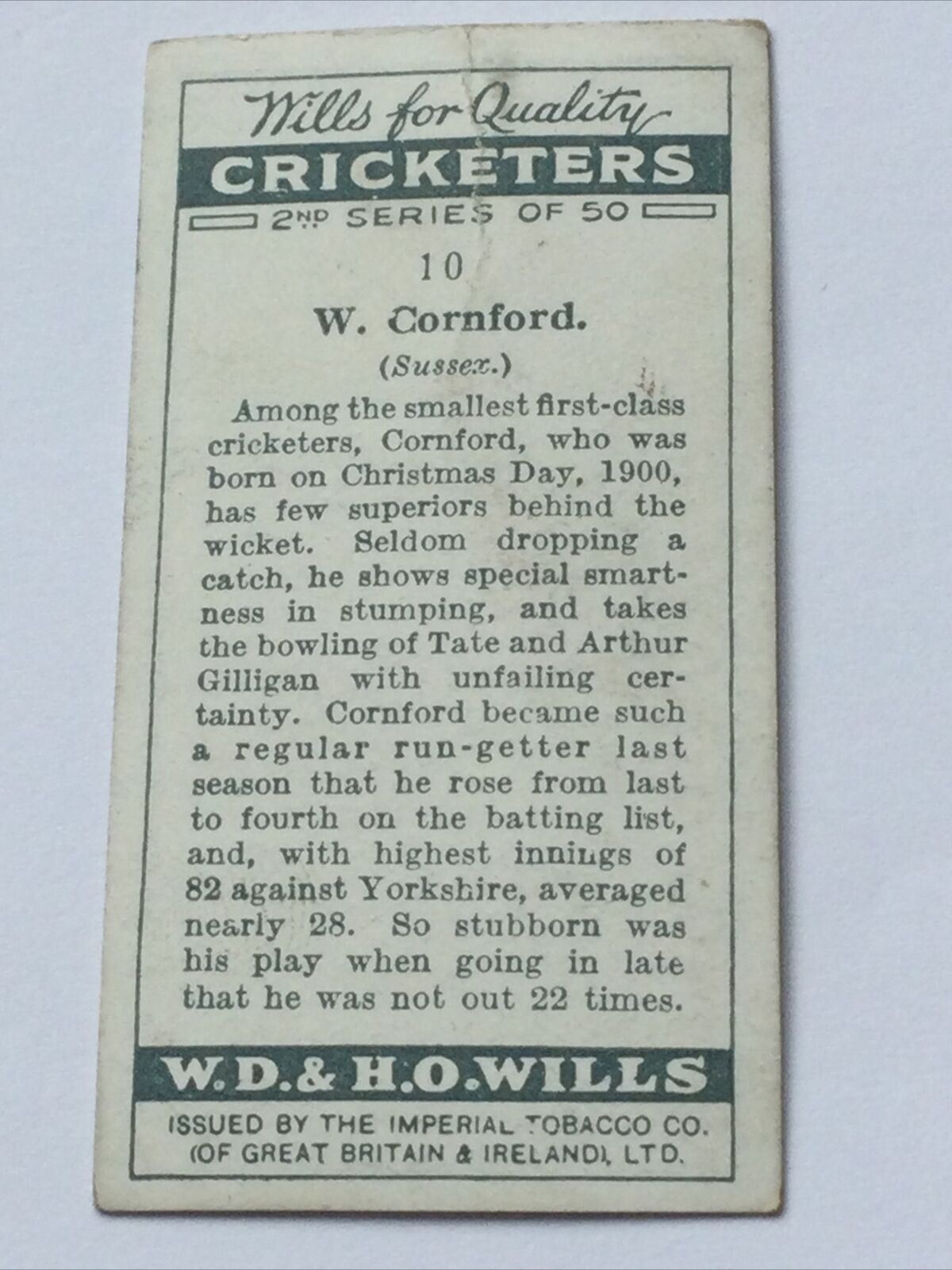 Wills Cigarette Card -  'Cricketers' 2nd Series - No. 10 - W Cornford - Sussex