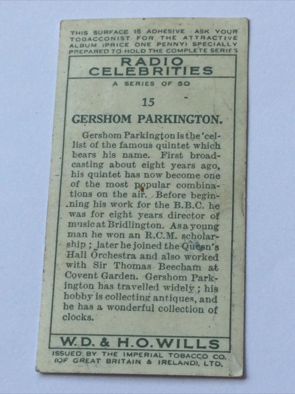 Gershom Parkington WILLS CIGARETTE CARD Radio Celebrities #15 Cellist Quintet - Series 1 1934
