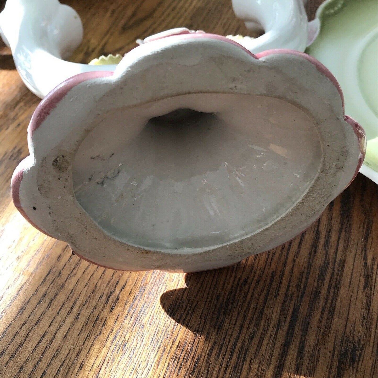 Pretty Vintage Dressing Table Set Pink Green Ceramic Oval Tray and Candlestick. Cottagecore.