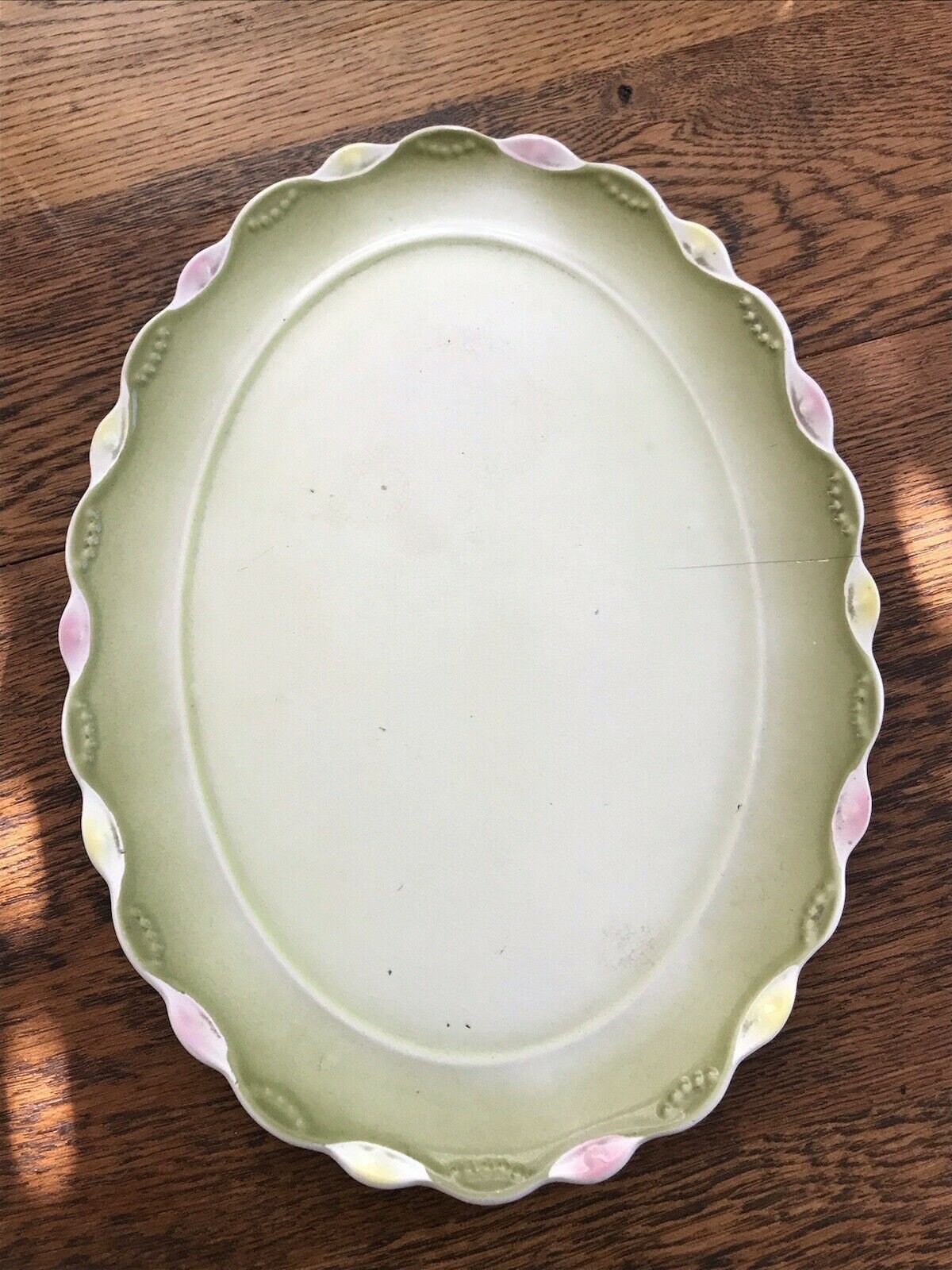 Pretty Vintage Dressing Table Set Pink Green Ceramic Oval Tray and Candlestick. Cottagecore.