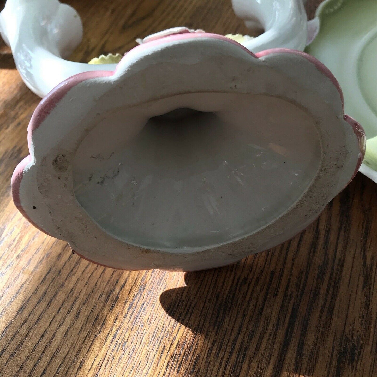 Pretty Vintage Dressing Table Set Pink Green Ceramic Oval Tray and Candlestick. Cottagecore.